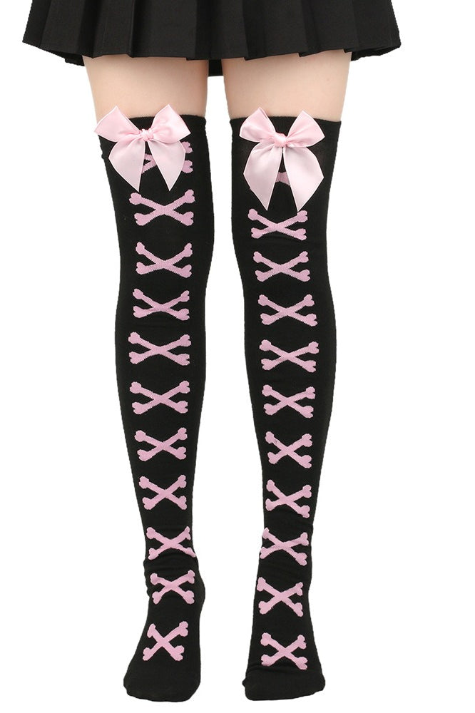 Bow Crossbones Over Knee Socks