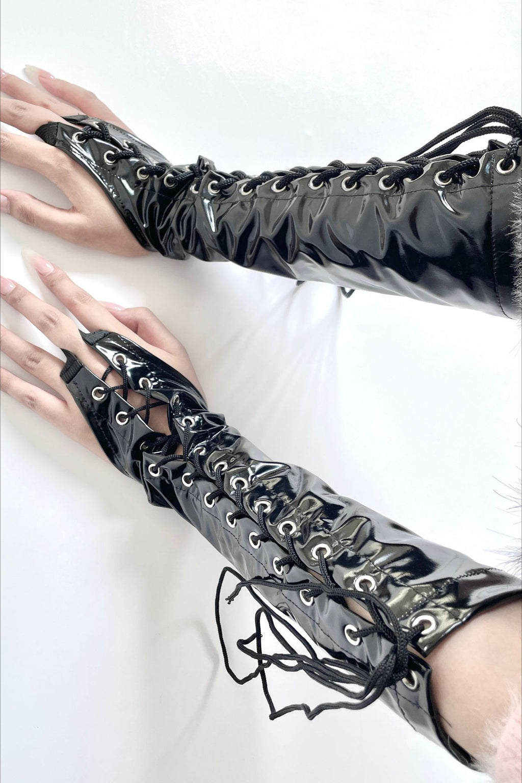 Glossy Lace Up Long Gloves