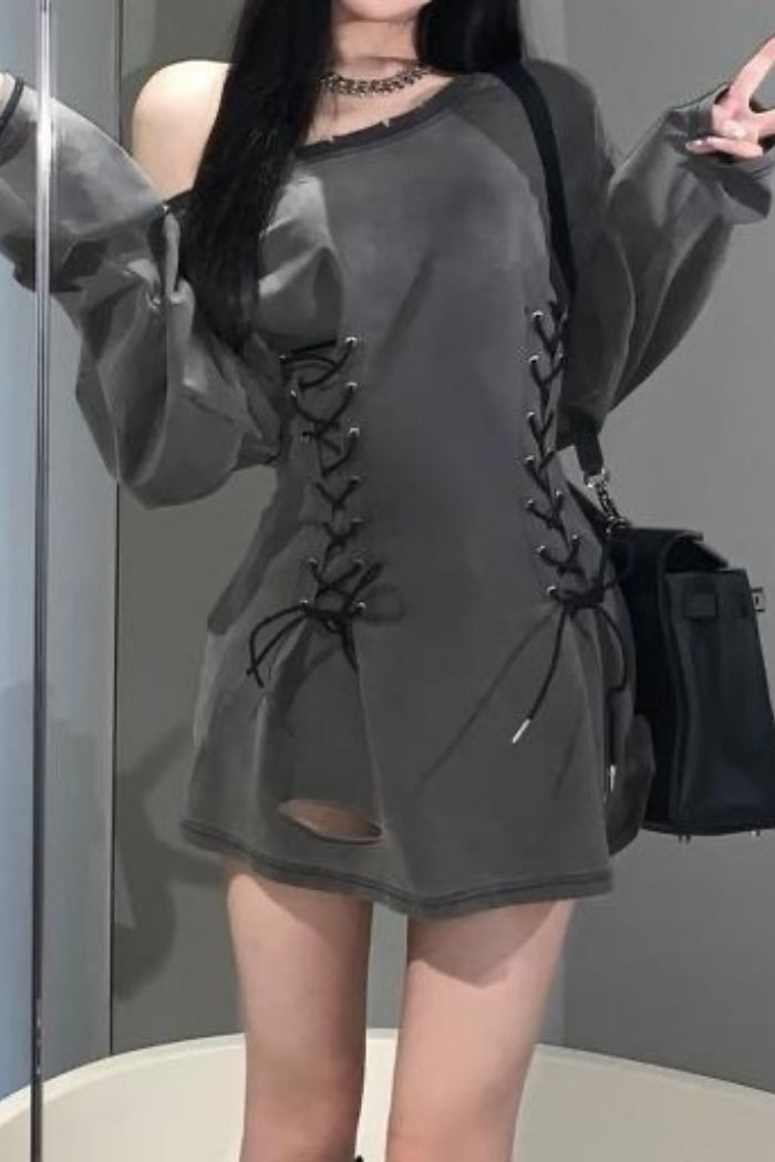 Strappy Asymmetric Shoulder Hoodie Mini Dress Secondary image