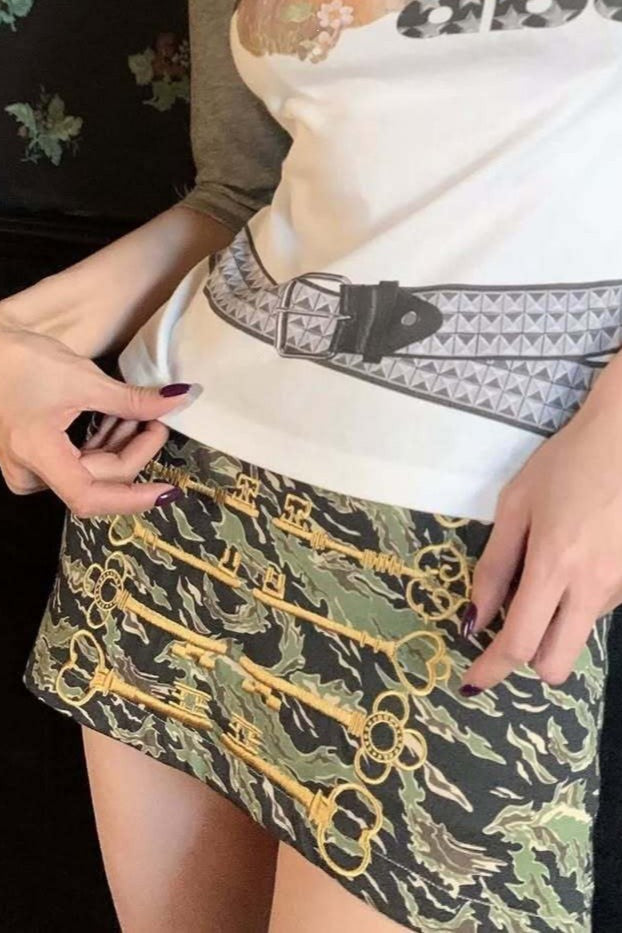 Embroidered Military Button Mini Skirt