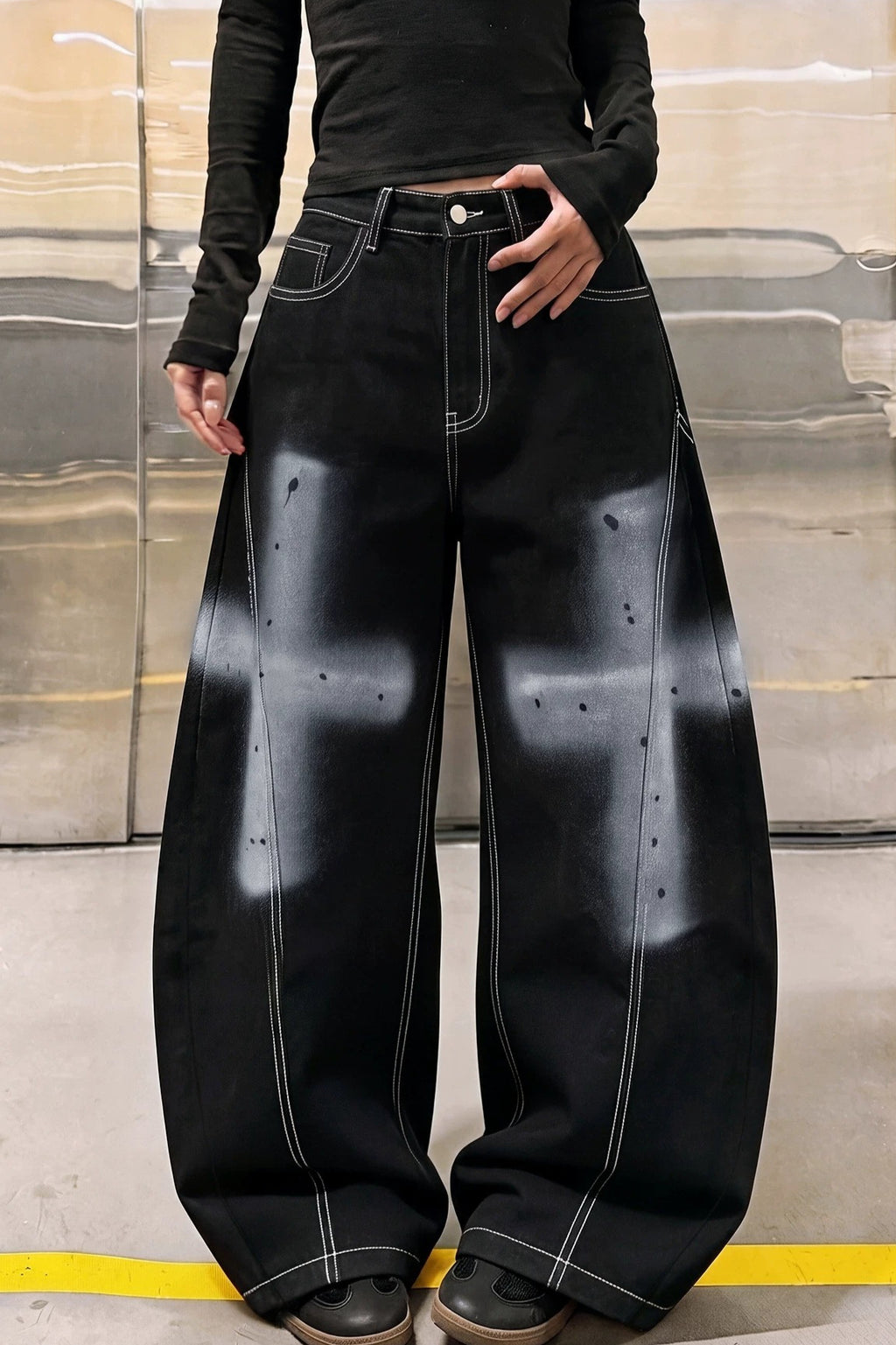 Cross Print Wide Leg Denim Pants