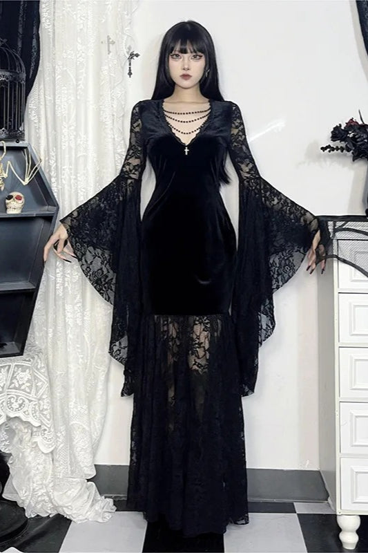 Gothic Velvet Lace Bell Sleeve Vintage Halloween Maxi Dress Main image
