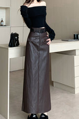 Chic PU Leather Pocketed Straight Maxi Skirt