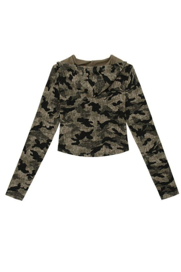 Camouflage Double Zip Cropped Hoodies
