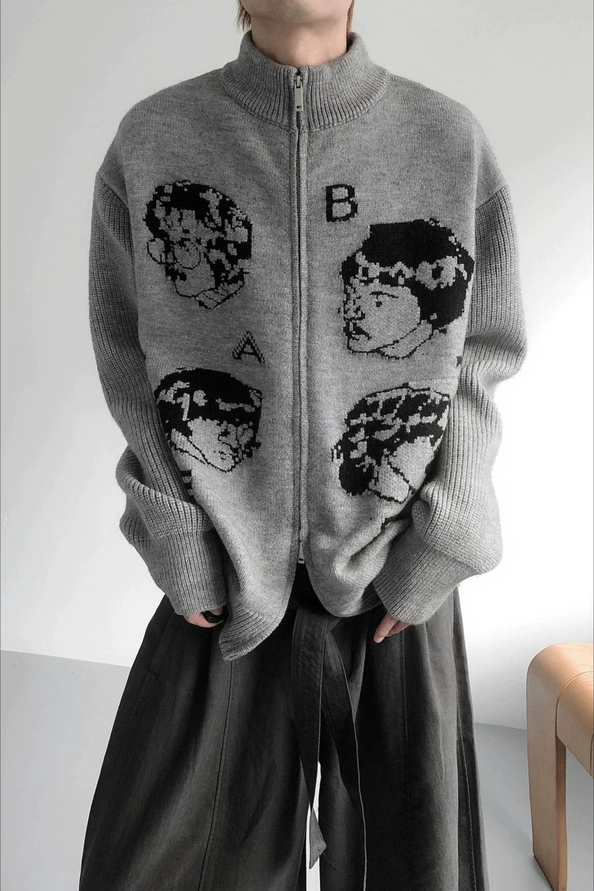 Portrait Graphic Double Zip Cardigans