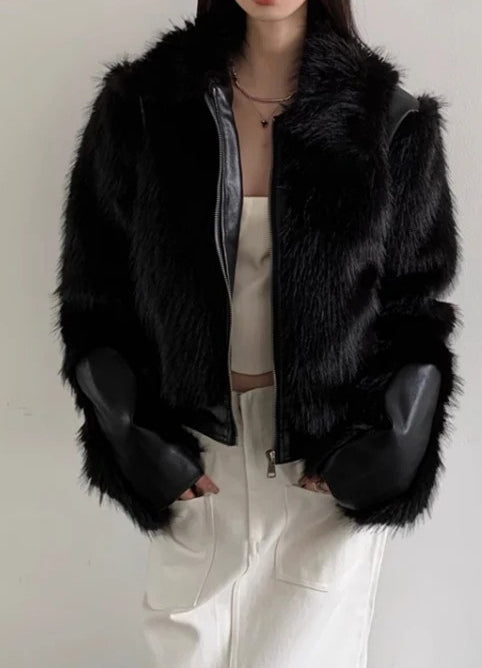 Short Black Patchwork Fur Coat Secondary image