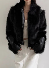 Short Black Patchwork Fur Coat