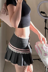 Spice Striped Bow Lace Pleated Patchwork Mini Skirt
