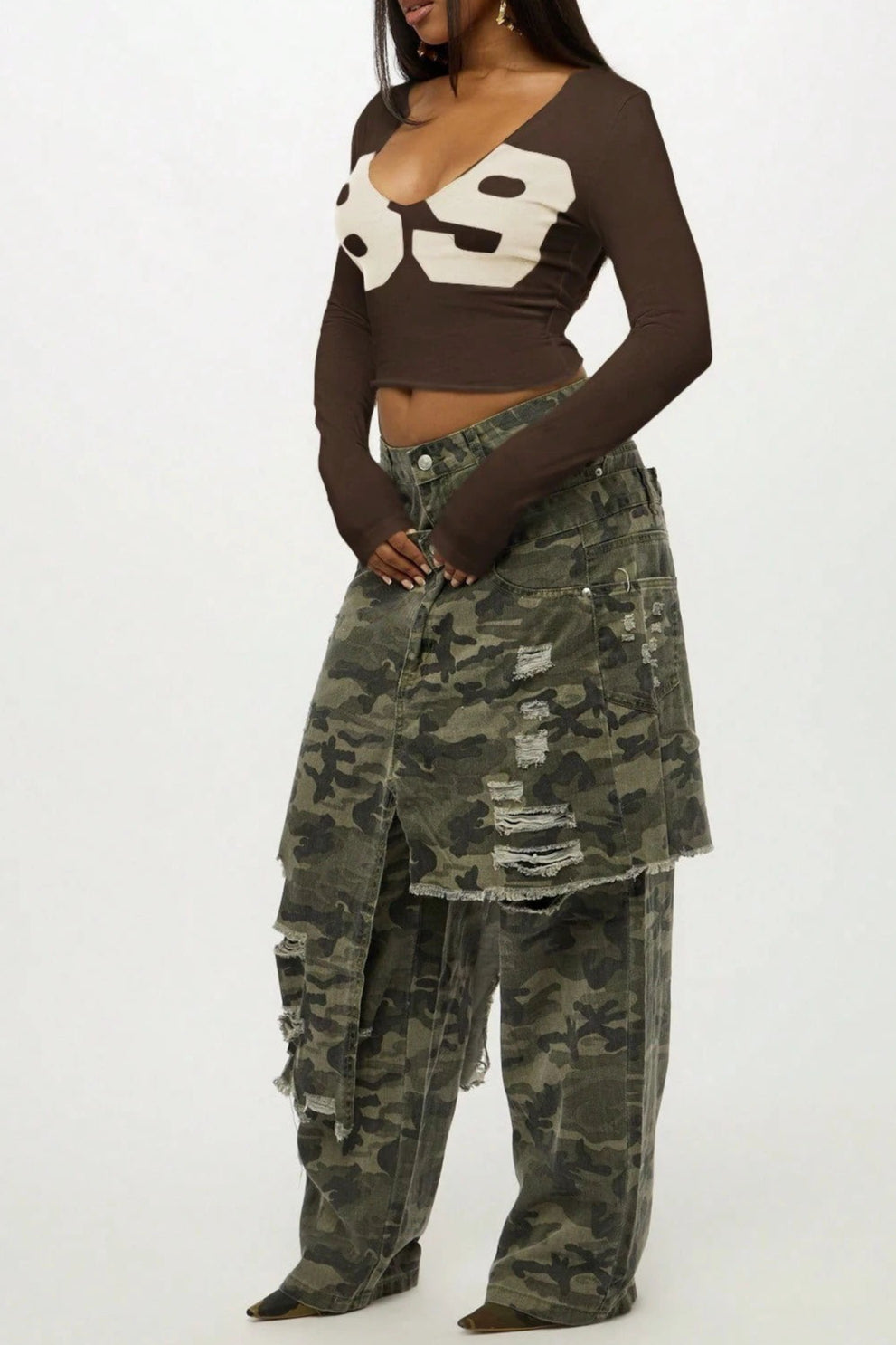 Number Print Long Sleeve Crop Tops