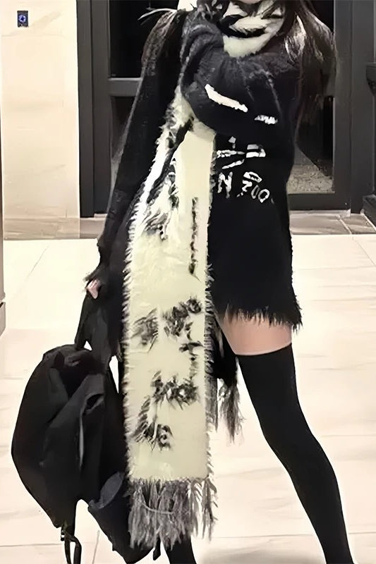 Y2K Black White Japanese Cute Cartoon Long Luxury Warm Autumn Winter Scarf Main image