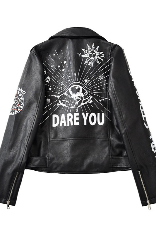 Graphic Grommet Strap Moto Leather Jacket