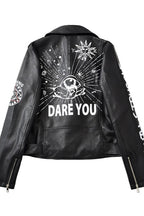Graphic Grommet Strap Moto Leather Jacket