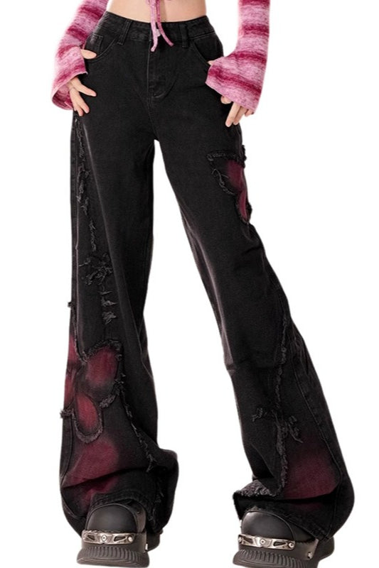 Butterfly Patch Washed Wide Leg Jeans