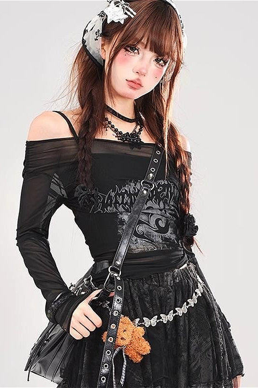 Sheer Mesh Print Off Shoulder Slim Crop Long Sleeve T-shirt