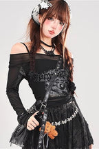 Sheer Mesh Print Off Shoulder Slim Crop Long Sleeve T-shirt