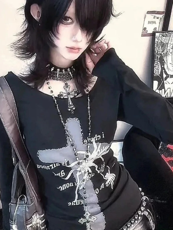 Vintage Punk Print Slim Long-sleeve Y2k Knit Top Secondary image