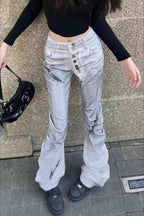 Distressed Dyed Curved Buttoned Denim Pants