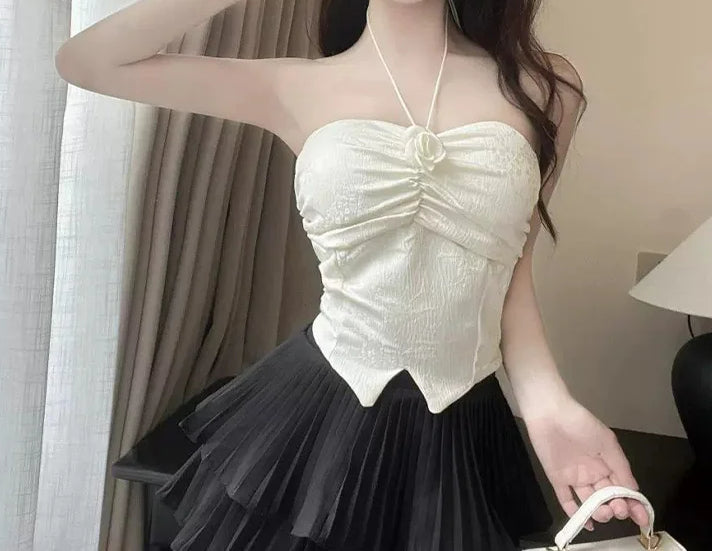 Three-DiWomensional Flower Pleated Halter Crop Top Secondary image