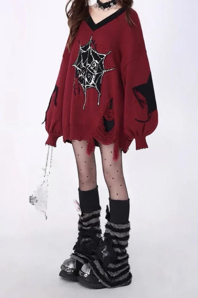 Y2K Harajuku Spider Web Jacquard Oversized Ripped V-neck Sweater Secondary image