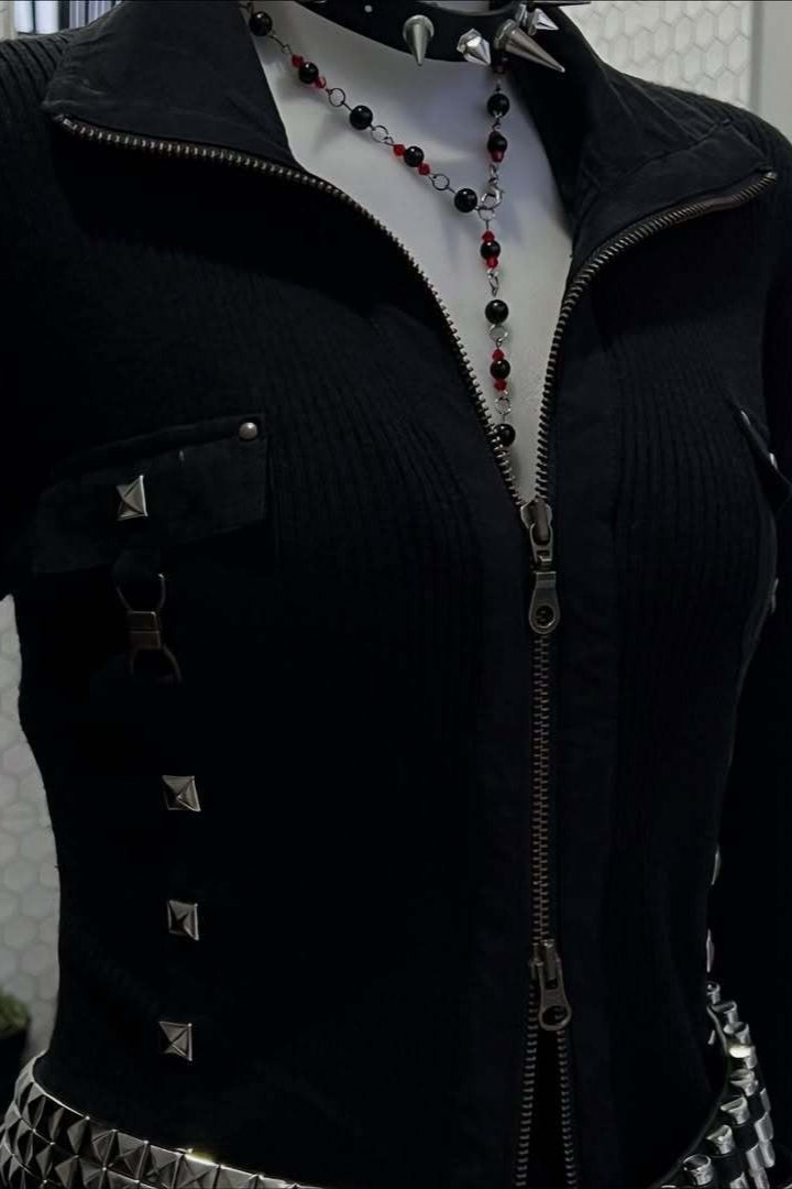 Rhinestone Cross Ribbed Zip Hoodie