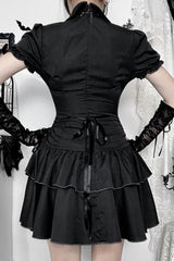 Dark Gothic Lace Patchwork High Waist Bow A-line Mini Dress