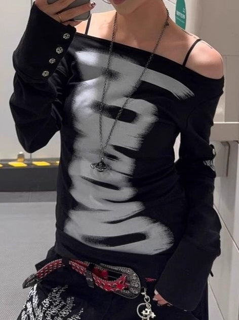 Virtual Print Off Shoulder Slim Fit Rivet T-shirt Secondary image