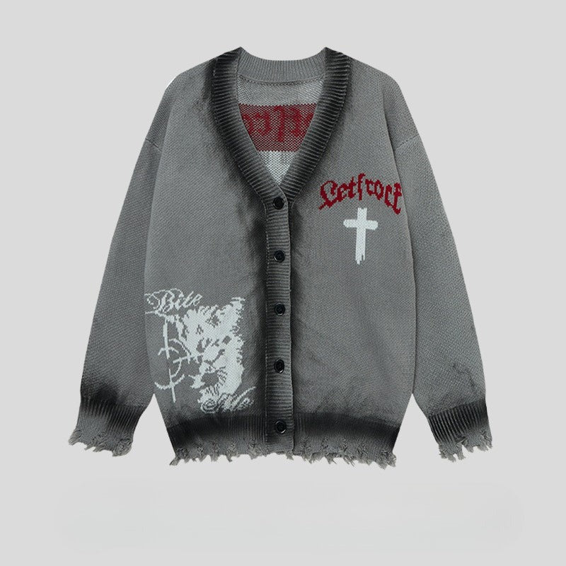 Oversize Cross Letter Jacquard Warm Street Cardigan Sweater Main image