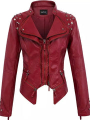 Embroidered Rivet Washed PU Leather Waist-fit Short Jacket