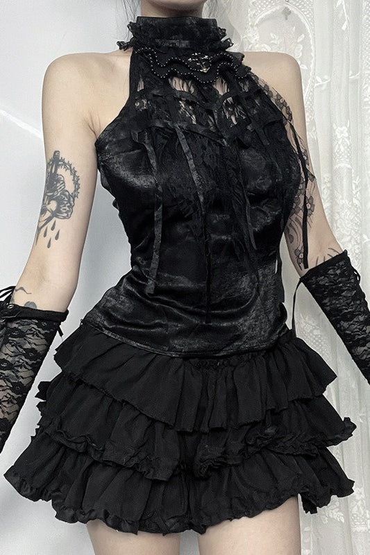 Gothic Ruched Rose Web Bow Tank Top Main image