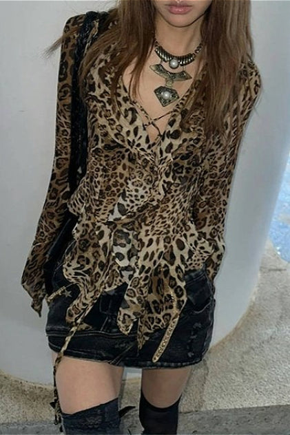 Y2K Asymmetrical Leopard Hem T-Shirt