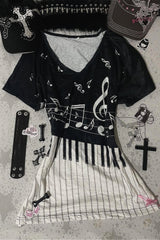 Vintage B&W Piano Key Note Print T-shirt