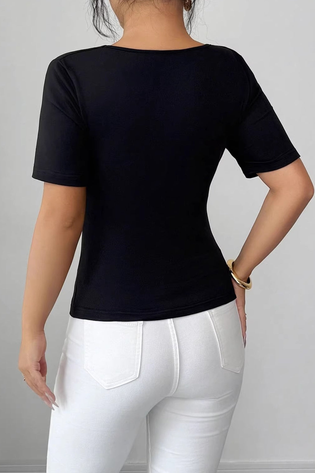 Draped Buckle Neck Short Sleeve T-Shirt