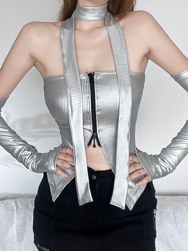 Cyber Sleeve Zip Up Crop Tank Top