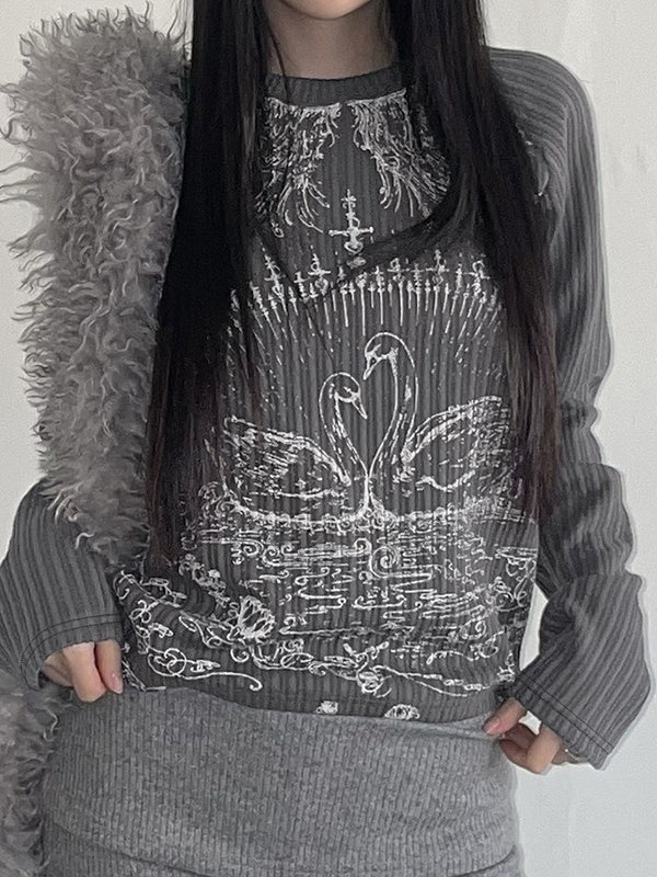 Rib Raglan Retro Swan Print Crew Neck Long Sleeve T-shirt Main image