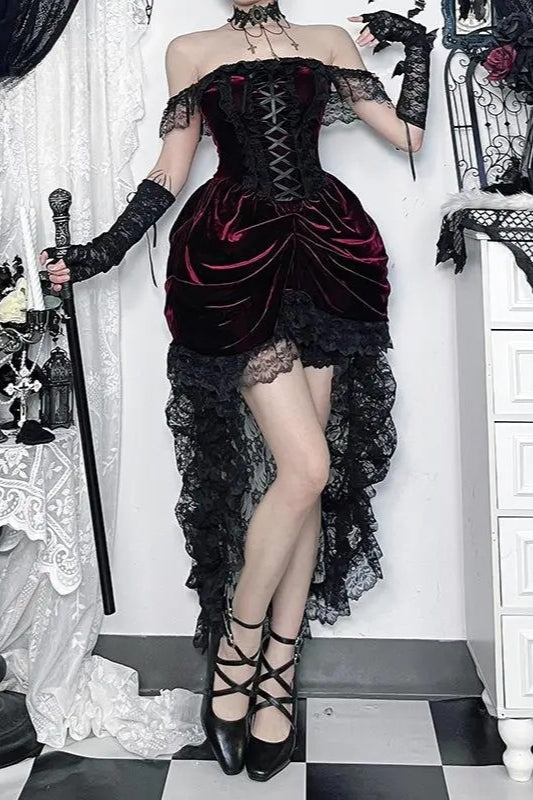 Elegant Dark Red Velvet Lace Midi Dress Main image