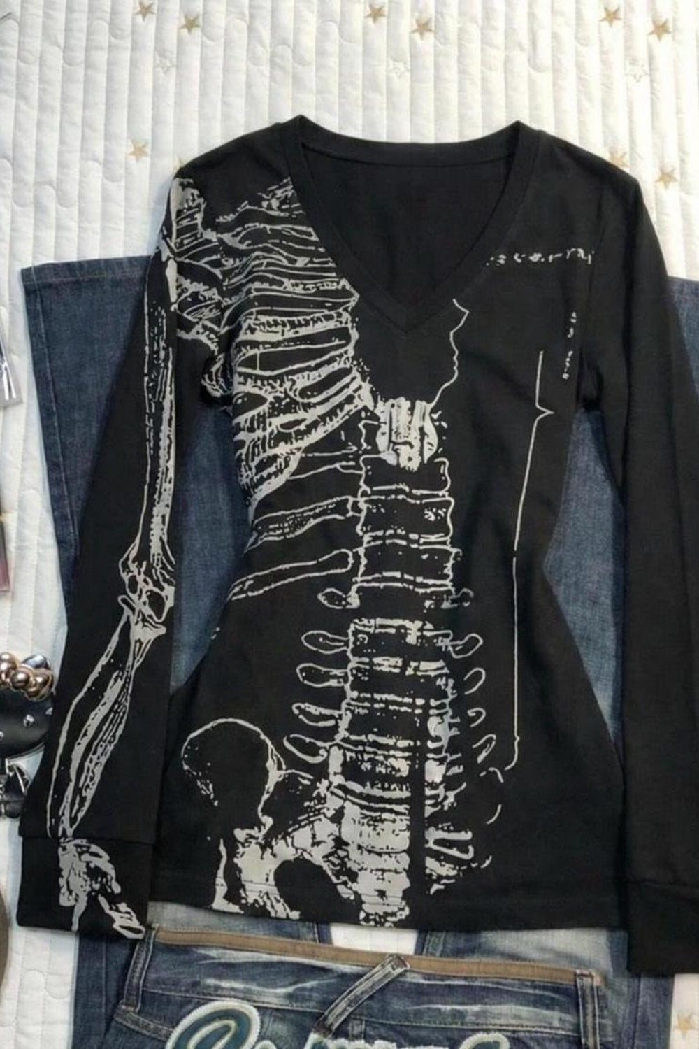 Black Skull Bone Printed V Neck Slim T-shirt Secondary image