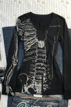 Black Skull Bone Printed V Neck Slim T-shirt