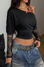 Asymmetric Lace Sleeve Crop Tops