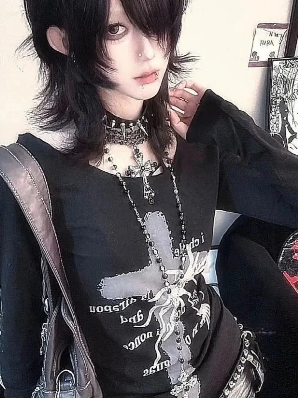 Vintage Punk Print Slim Long-sleeve Y2k Knit Top Main image