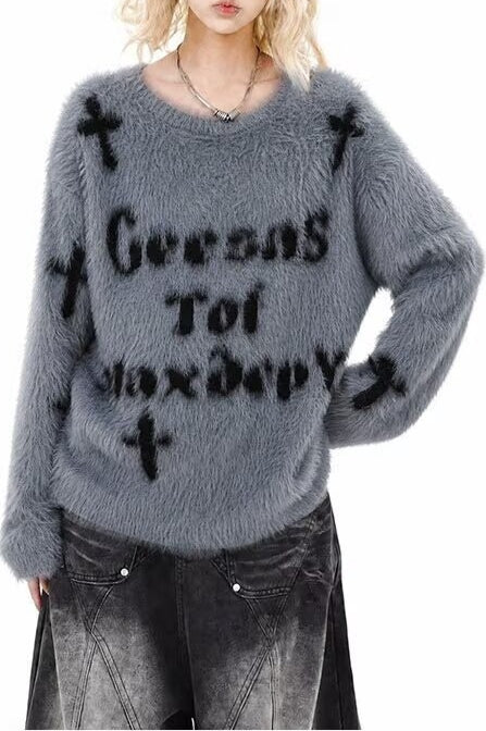 Fuzzy Letter Cross Motif Sweaters Main image