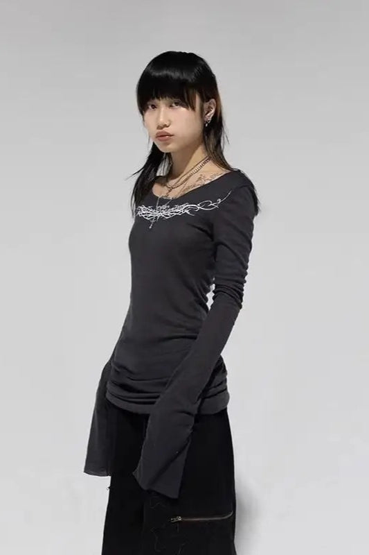 Gothic Graphic Slim Long-sleeve Y2k Knit Top