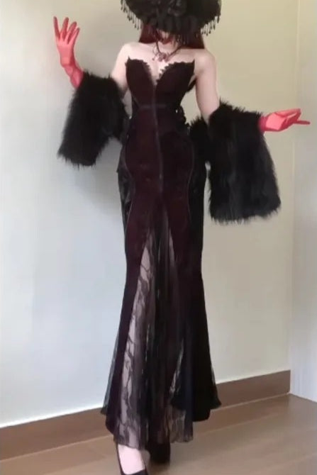 Dark Y2k Lace 2-Piece Shawl Cardigan Bandeau Maxi Dress Secondary image