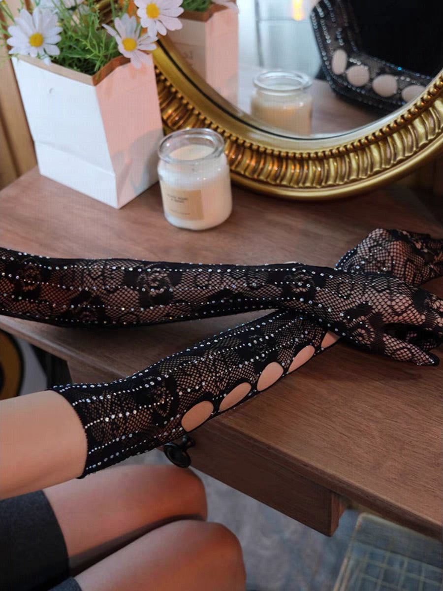 Dark Style Black Rhinestone Fishnet Rose Long Gloves Secondary image