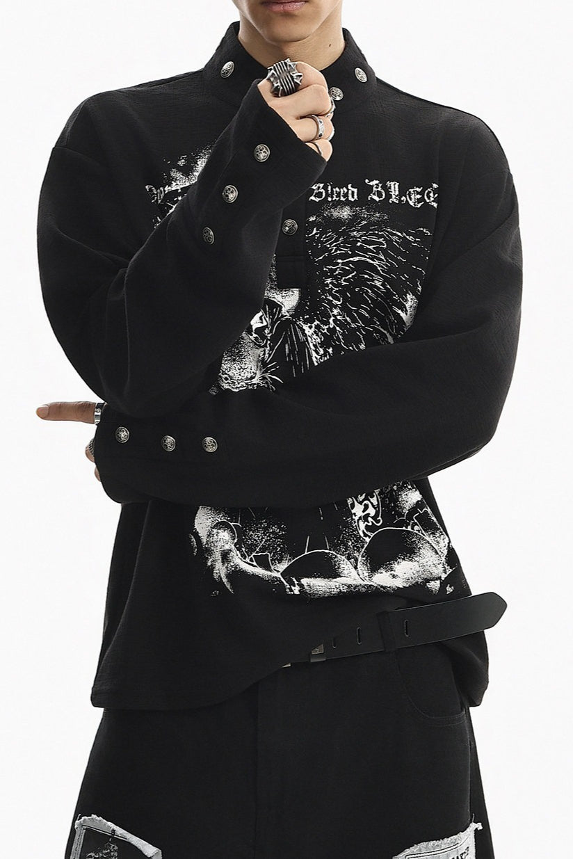 Graphic Snap Collar Long Sleeve Sweatshirt