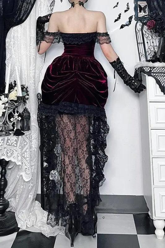 Elegant Dark Red Velvet Lace Midi Dress