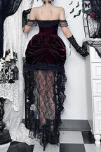 Elegant Dark Red Velvet Lace Midi Dress