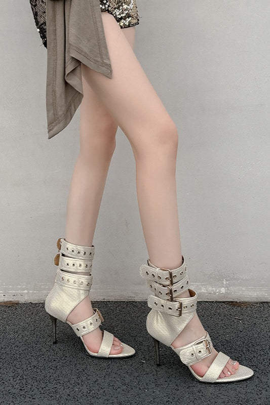 Studded Buckle Mid-Heel Sandals