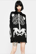 Skeleton Pattern Distressed Longline Sweaters