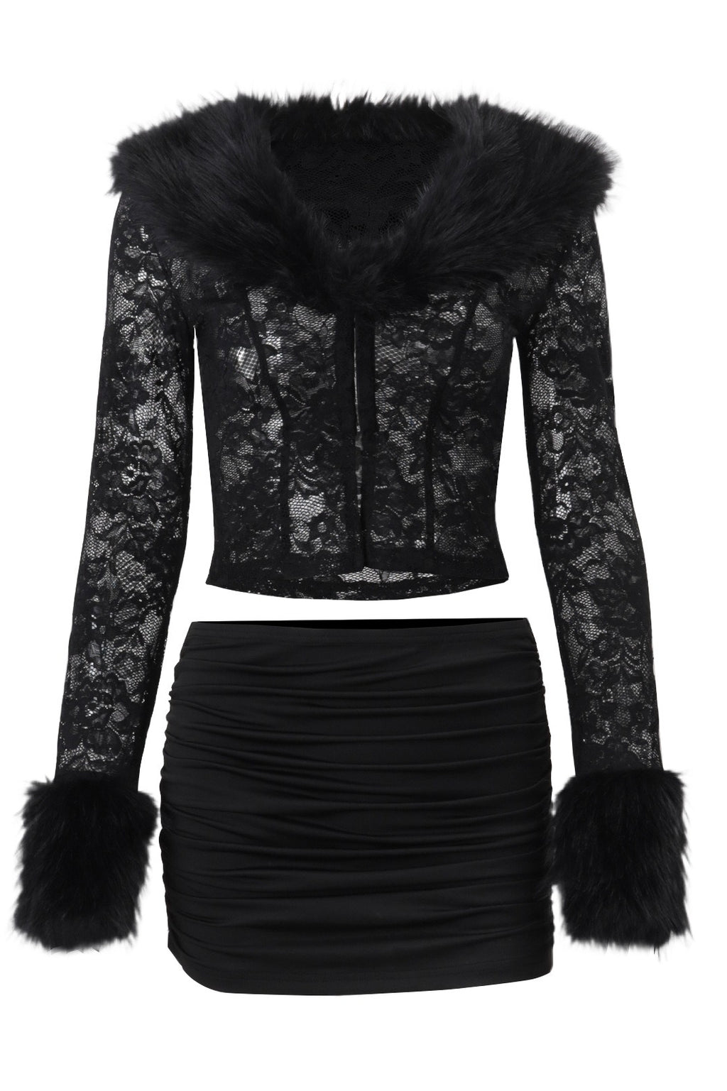 Fluffy Trim Lace Cardigan Skirt Sets