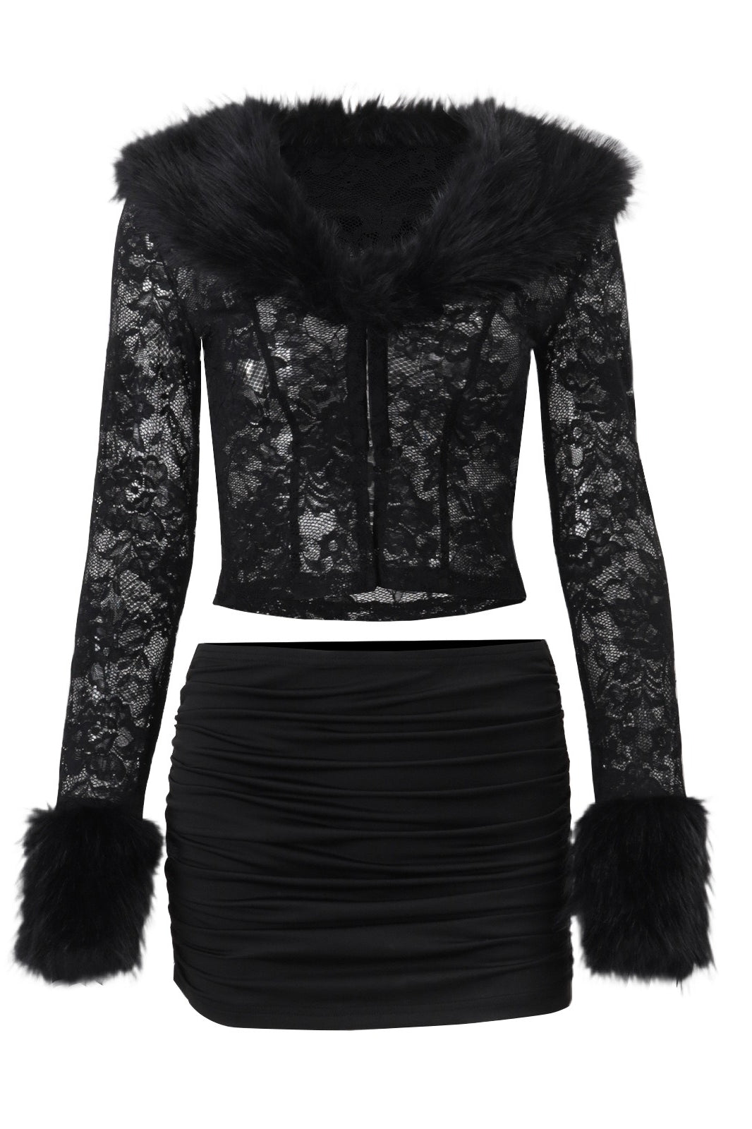 Fluffy Trim Lace Cardigan Skirt Sets